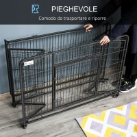 PawHut Kennel Gabbia per Cani Pieghevole a Doppia Porta con Blocco, Box per Cani con 4 Ruote con Freno e Fondo Rimovibile, 125x76x81cm, Grigio Scuro(m-4)