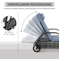 Outsunny Sonnenliege Polyrattan Gartenliege mit 5-Fach verstellbarer Rücklehne, Polsterauflage, Rollen, Kissen, 160 kg belastbar Relaxliege Liegestuhl für Garten, 200x73x30-103cm, Grau(m-6)