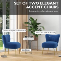 HOMCOM Set of 2 Accent Chairs, Upholstered Living Room Chairs with Gold Tone Steel Legs, Wingback Armless Chairs, Dark Blue(m-4)