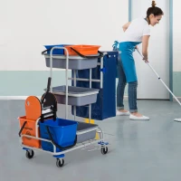 HOMCOM Carrello per Pulizie Professionale Multiuso con 4 Secchi Rotelle Borsa di Tela 118 × 73 × 103cm(m-2)