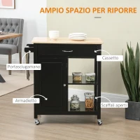 HOMCOM Carrello Cucina in Legno con Cassetto, Armadietto e 2 Ripiani Aperti, 2 Ruote con Freno, 83x45x88 cm, Nero(m-4)