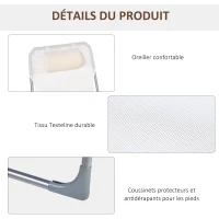 Outsunny Bain de soleil transat chaise longue inclinable pliable avec oreiller dossier réglable sur 5 niveaux crème(m-5)