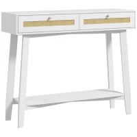 HOMCOM Consola Recibidor Mesa de Entrada con 2 Cajones de Diseño de Ratán y Estante Abierto para Pasillo 100x30x81 cm Blanco(m-1)