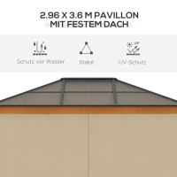 Outsunny Pavillon, Dach aus Polycarbonat, 4 Seitenwände und Fliegennetze, Stahlrahmen, khaki, 3 x 3,60 x 2,70 m(m-4)