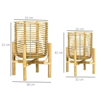 Outsunny 2er-Set Pflanzenständer, groß und klein, Körbe aus Rattan, Ständer aus Naturholz(m-3)