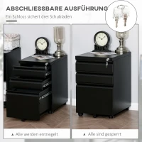 Vinsetto Rollcontainer, 3 Schubladen, 5 Räder, Hängeregister, abschließbar, Stahl, schwarz 39 x 48 x 60 cm(m-6)