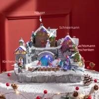 HOMCOM Weihnachtsdekoration Weihnachtsdorf, 21 bunte LEDs, bewegliche Tanne und Schlittschuhläufer, 32 x 25,5 x 24 cm(m-4)