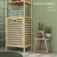 HOMCOM Colonna Bagno con 3 Ripiani in Legno di Bambù e Cesto Portabiancheria in Tessuto, 44x33x160cm(m-6)