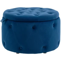 HOMCOM Pouf Poggiapiedi Rotondo con Vano Contenitore in Velluto Trapuntato, Ø60 x 40 cm, Blu Scuro(m-1)