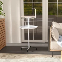 PawHut Comedero para Pájaros de Pie Ø60x138 cm con 4 Ruedas 2 Cuenco de Acero Inoxidable y 2 Perchas Blanco(m-8)