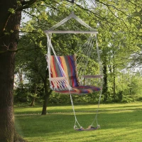 Outsunny Hanging Rope Chair with Soft Padded Seat & Backrest, Portable Garden Hammoc Chair with Wooden Support Bar, Armrests, Cotton Cloth, Footrest, for Patio & Tree, Red(m-2)