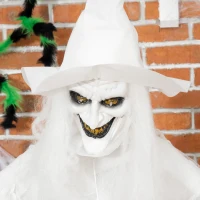 Outsunny 74 Inch Halloween Decorations White Witch Holding Pumpkin Head, Standing Skeleton Ghost Prop Life Size with Light Up Eyes and Body(m-7)