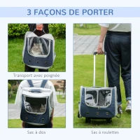 PawHut Sac à dos trolley de transport pour chat chariot panier à roulette sac à main 2 en 1 pour chien chat avec roulettes et poignée télescopique - gris(m-4)