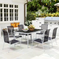 Outsunny Conjunto de Muebles Exterior para Jardín de 7 Piezas Incluye 1 Mesa y 6 Sillas Apilables con Reposabrazos 150x90x72cm Negro(m-2)