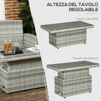 Outsunny Set da Giardino 4pz in Rattan Grigio con Tavolo ad Altezza Regolabile, 2 Poltrone Reclinabili e Divano 2 Posti(m-6)
