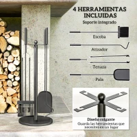 Outsunny Juego de Herramientas para Chimenea de 5 Piezas de Metal con Escoba Pala Tenazas Atizador y Soporte Ø25x54 cm Negro(m-4)