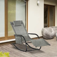 Outsunny Outdoor Garden Rocking Chair, Patio Sun Lounger Rocker Chair with Breathable Mesh Fabric, Removable Headrest Pillow, Armrest, Side Storage Bag, Dark Grey(m-2)