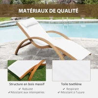 Outsunny Transat Chaise Longue Design Style Tropical Bois Massif Naturel Coloris Beige Blanc(m-5)
