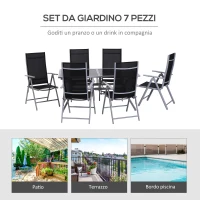 Outsunny Set Mobili da Giardino un Tavolo con 6 Sedie Pieghevoli Schienale Reclinabile a 7 Livelli Struttura Verniciata a Polvere Antiruggine Nero  Argento Alluminio Tessuto a Rete Vetro(m-6)