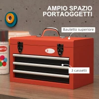 DURHAND Cassetta Porta Attrezzi con 3 Cassetti e Vano Superiore in Acciaio con Maniglia, 45x24x27cm, Rosso(m-5)