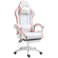 Vinsetto Computer Gaming Chair, PU Leather Office Desk Chair with Footrest, Swivel Wheels, 135° Reclining Back, Lumbar Support, Headrest for Home, White and Pink(m-11)