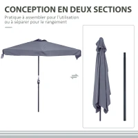 Outsunny Demi parasol - parasol de balcon 5 entretoises métal 2,3 x 1,3 x 2,49 m polyester haute densité gris(m-6)