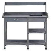Outsunny Table de rempotage multi-équipée table de jardinage avec tiroir, 3 étagères, évier, 3 crochets - table de plantation bois sapin pré-huilé gris(m-10)
