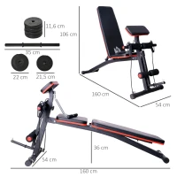 HOMCOM Banc de musculation pliable inclinable réglable sangles élastiques support haltères inclus acier noir rouge + Ensemble d'haltères Courtes Total 20 Kg acier HDPE noir(m-3)