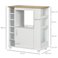 HOMCOM Mueble Auxiliar con Ruedas Carrito de Cocina de Estilo Moderno con Puerta y Compartimientos 75x39,5x88 cm Blanco(m-3)