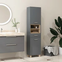 HOMCOM Colonna Bagno Moderna con Cassetto e Armadietti in Legno e Lega di Alluminio, 40x24x160 cm, Grigio(m-7)