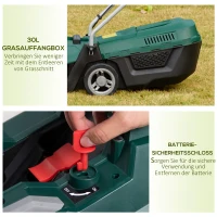Durhand Akku-Rasenmäher mit 32 cm Schnittbreite 30-Liter-Grasfangkorb Höhenverstellung mit 2,5-Ah-Akku und Ladegerät 120 x 38 x 98 cm(m-6)