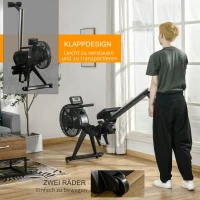HOMCOM Rudergerät mit 16 Widerstandsstufen einklappbar rollbar 225 x 55 x 88cm Stahl Schwarz(m-6)