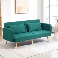 HOMCOM 2/3 Seater Sofa Bed, Convertible Bed Settee, Fabric Sofa Couch with 2 Cushions for Living Room, Guest Room, Green(m-2)