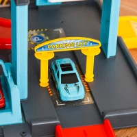 HOMCOM Garage Parking Voitures Enfant - 5 Niveaux, 4 Voitures, 1 hélicoptère - Ascenseur Manuel, Station-Service, Pont élévateur - PP ABS Bleu Rouge Jaune(m-8)