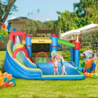 Outsunny 6 in 1 Kids Bouncy Castle, with Water Slide, Water Gun, Climbing Wall, Air Blower for Indoors/Outdoors, 3.9 x 3 x 2m(m-2)