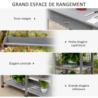 Outsunny Table de rempotage multi-équipée table de jardinage avec tiroir, 3 étagères, évier, 3 crochets - table de plantation bois sapin pré-huilé gris(m-5)