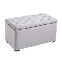 HOMCOM Panca Portaoggetti Set di 3 Pezzi con 2 Sgabelli Pouf in Velluto, Grigio Perla(m-1)