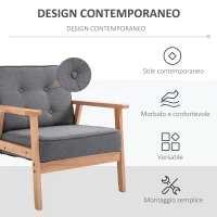 HOMCOM Poltrona Stile Scandinavo Imbottita e Trapuntata a Bottoni in Tessuto e Legno, 64.5x70x74cm, Grigio(m-4)