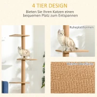 PawHut Kratzbaum Deckenhoch, 228-260 cm Höhenverstellbarer Katzenbaum Kletterbaum für Katzen mit 3 Ebenen, Katzenkratzbaum, Spielbaum vom Boden bis zur Decke Hellbraun(m-6)