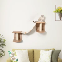 PawHut Estantes de Pared Gatos Escaleras de Tela para Gatos con Plataformas y Postes Rascadores de Sisal Centro de Actividades de Escalada 129x40x31,5 cm Marrón Claro(m-2)