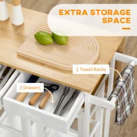 HOMCOM Kitchen Island Set with 2 Stools, Bamboo Breakfast Cart with Drop Leaf Top, Drawers and Towel Rack, Rolling Kitchen Cart and Chairs Set, White(m-6)