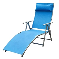 Outsunny Sun Lounger Steel Frame Outdoor Folding Chaise Texteline Lounge Chair Recliner with Headrest & 7 Levels Adjustable Backrest, Blue(m-11)