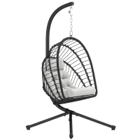 Outsunny Outdoor PE Rattan Swing Chair with Foldable Basket and Cushion, Garden Patio Hanging Egg Chair with Metal Stand, Headrest for Indoor and Outdoor, Black(m-1)