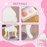 HOMCOM Toeletta per Bambini con Sgabello, Tavolo Trucco con Triplo Specchio e Cassetto, 63x40x85.5cm, Bianco(m-5)