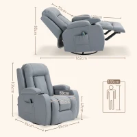 HOMCOM Massage Recliner Chair with 8 Vibration & Heat, PU Leather Recliner Armchair with Cup Holders and Side Pockets, Manual Reclining Chair with Remote, 360° Swivel, Rocking, Light Grey(m-3)