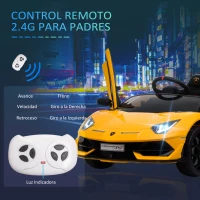 HOMCOM Coche Eléctrico para Niños de +3 Años Lamborghini SVJ Batería 12V con Mando a Distancia Velocidad de 3-5 km/h Música y Faros Carga 25 kg 123x66,5x45,5 cm Amarillo(m-6)