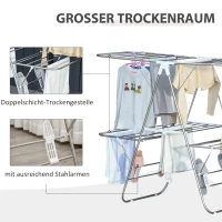HOMCOM Wäscheständer Standtrockner faltbar 3-stufiger Flügelwäschetrockner Trockengestell Trockenständer Edelstahl Kunststoff Silber Weiß 138 x 60,5 x 112 cm(m-4)
