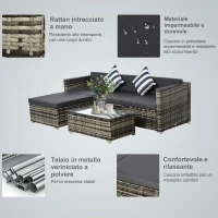 Outsunny Set Mobili da Giardino da 5 Pezzi, Divanetto per Esterni con Pouf e Tavolino in Rattan PE, Grigio(m-6)