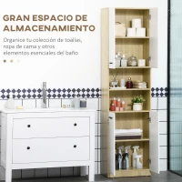 kleankin Armario Alto de Baño con 4 Puertas 2 Estantes Abiertos y Estantes Ajustables 53x33,5x195,7 cm Blanco y Roble(m-4)