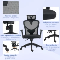 Vinsetto Sedia da Ufficio Ergonomica con Altezza Regolabile, Supporto Lombare e Poggiatesta, 66x61x106-116cm Nero(m-5)